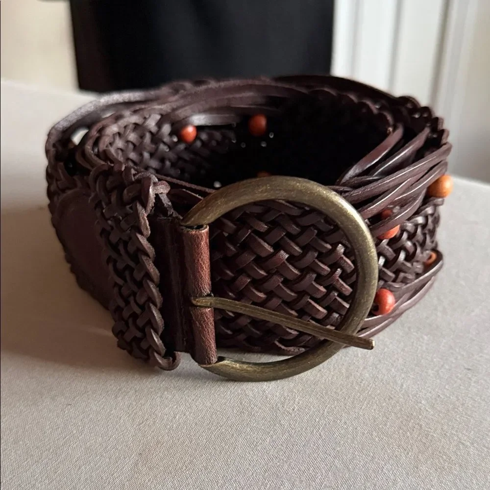 Vintage Ann Taylor LOFT Woven Leather Belt Brown Size L Boho Brass Buckle